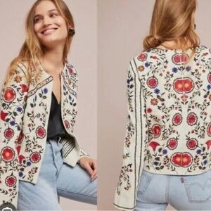 Anthro Maeve Kirian Women Embroidered Floral Jacket Long Sleeve Ivory Size Large